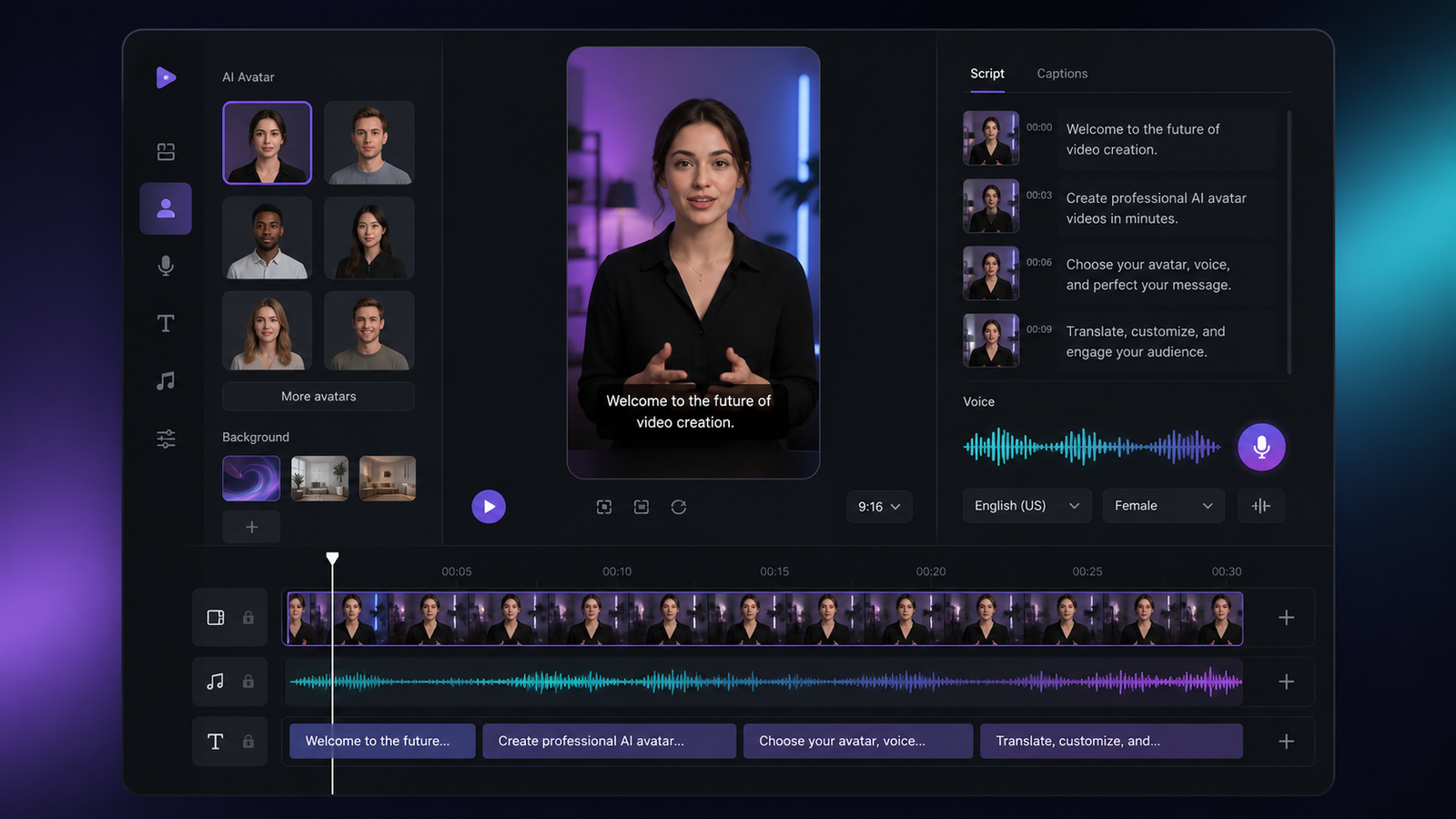 AI video studio interface with avatar, voice waveform and timeline
